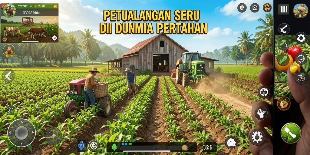 Screenshot utama 777RT menampilkan aktivitas seru di ladang dan kebun.