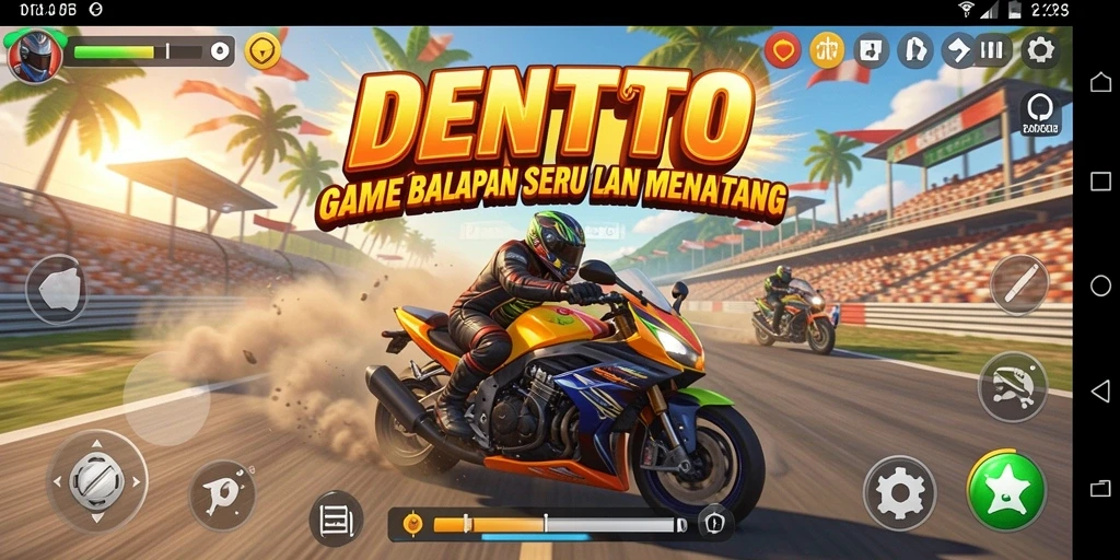 Screenshot DENTOTO menampilkan aksi balapan yang mendebarkan dan grafis yang menawan.