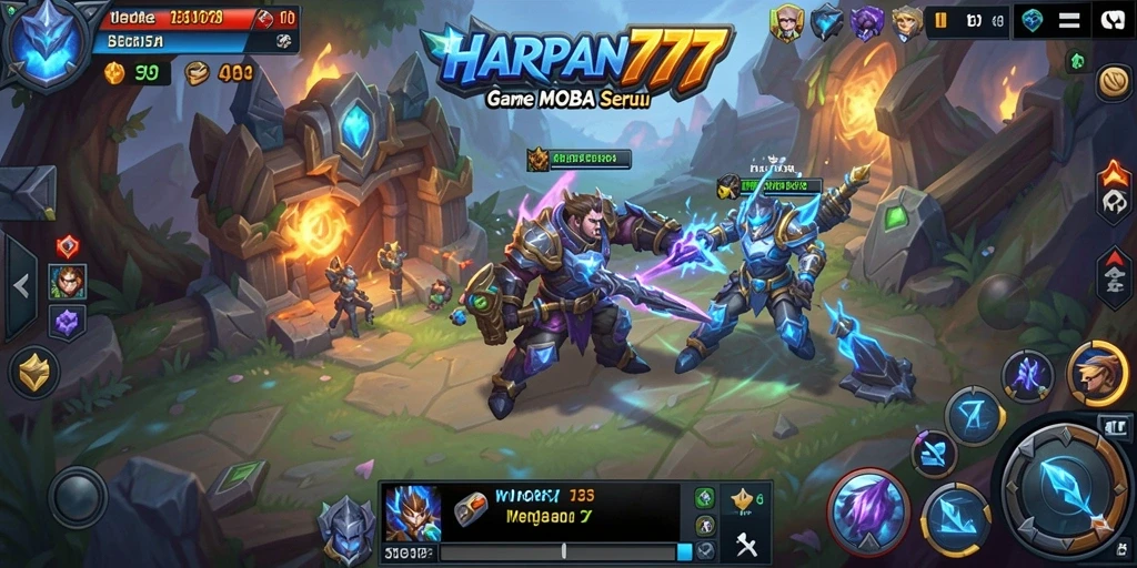 Tampilan gameplay seru dalam HARAPAN777 di arena MOBA.