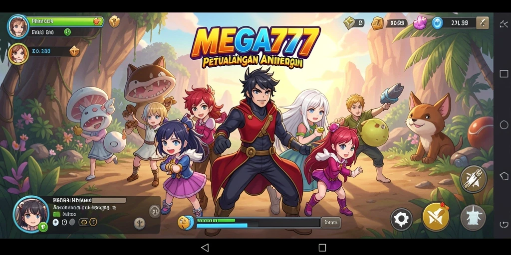 Tampilan gameplay MEGA777 yang penuh warna dan dinamis.