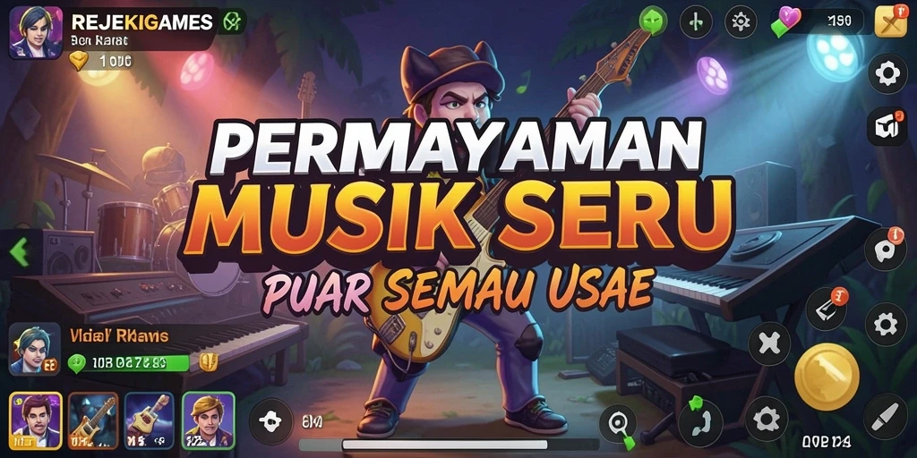 Tampilan gameplay seru dari REJEKIGAMES yang menampilkan berbagai tantangan musik.