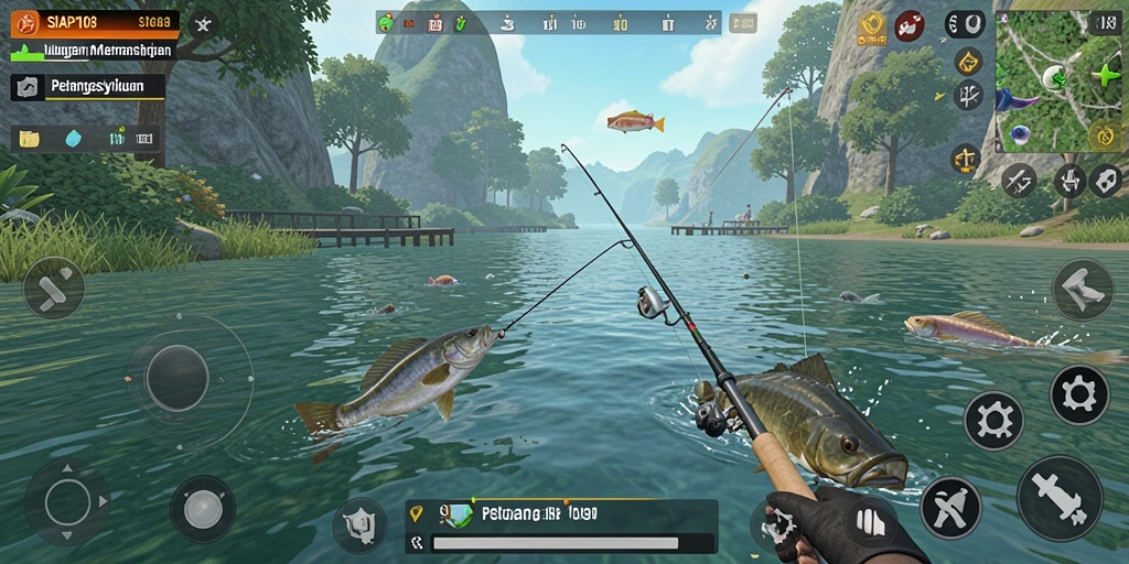 Screenshot menampilkan gameplay peningkatan saat memancing di laut.